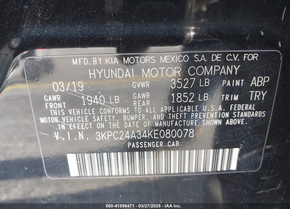 2019 HYUNDAI ACCENT SE VIN: 3KPC24A34KE080078
