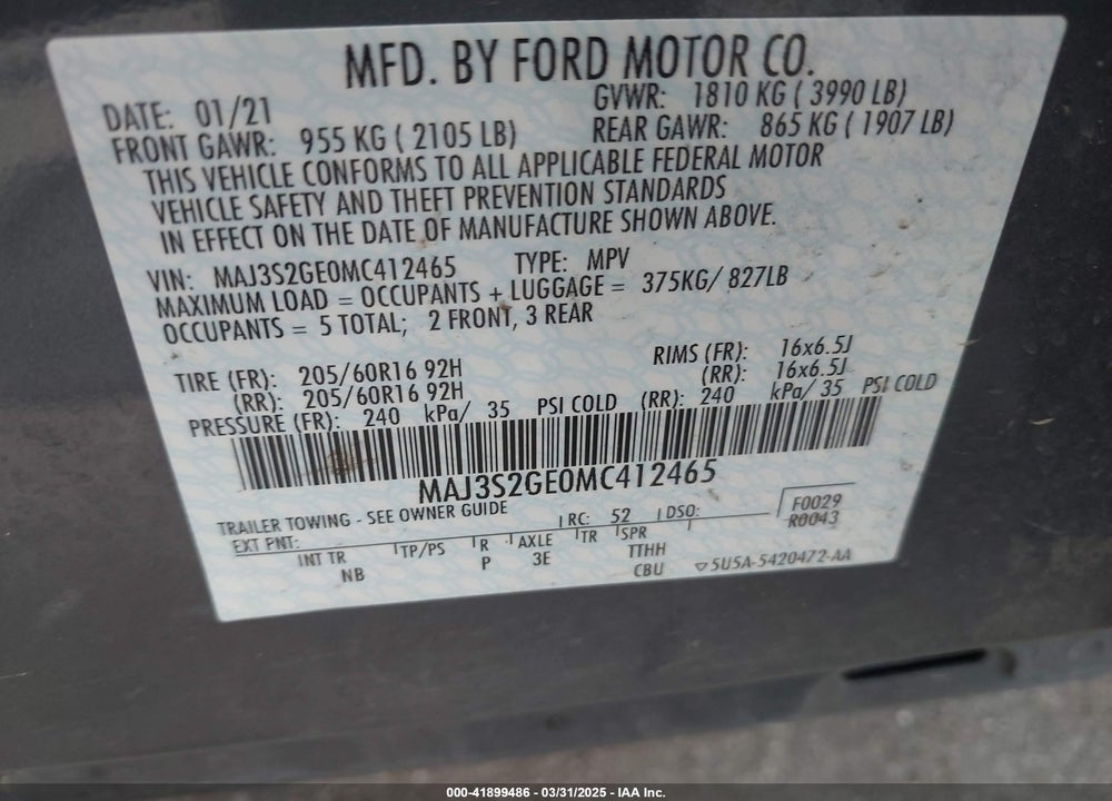 2021 FORD ECOSPORT SE VIN: MAJ3S2GE0MC412465