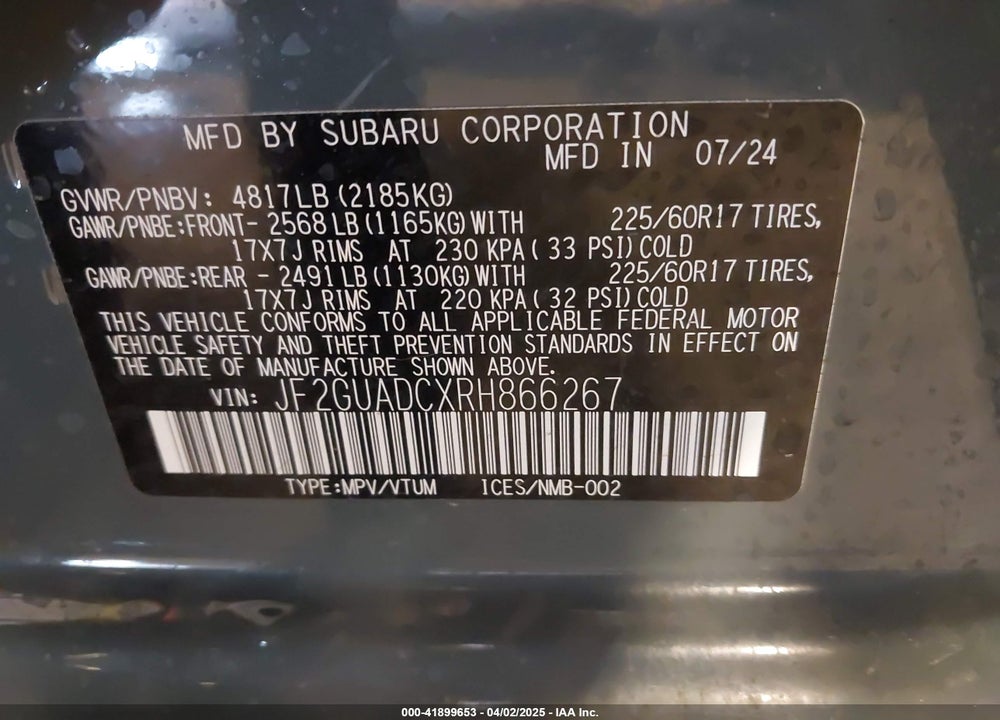 2024 SUBARU CROSSTREK PREMIUM VIN: JF2GUADCXRH866267