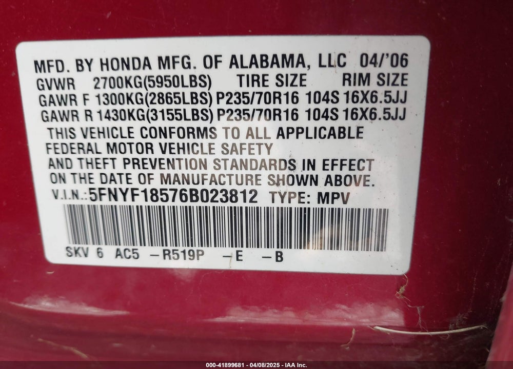 2006 HONDA PILOT EX-L VIN: 5FNYF18576B023812