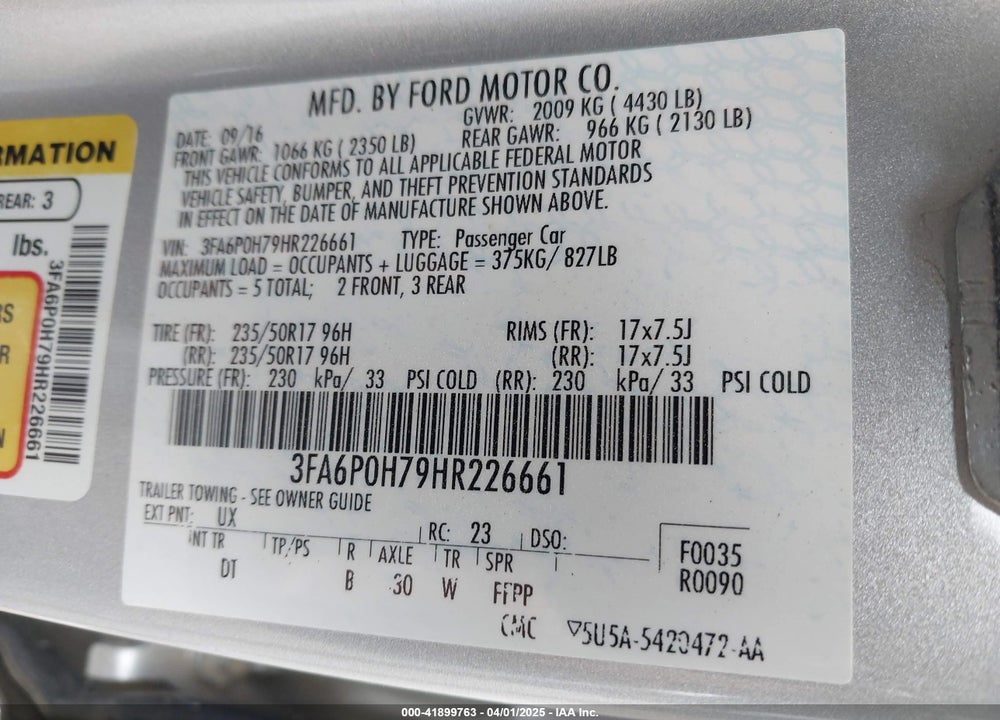 2017 FORD FUSION VIN: 3FA6P0H79HR226661