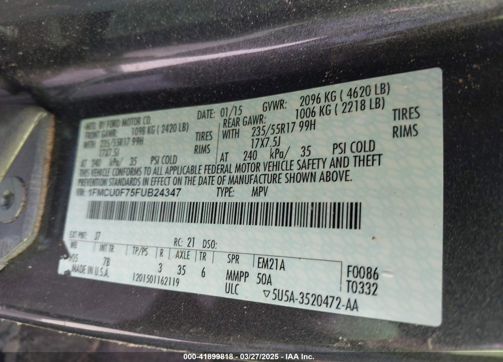 2015 FORD ESCAPE S VIN: 1FMCU0F75FUB24347