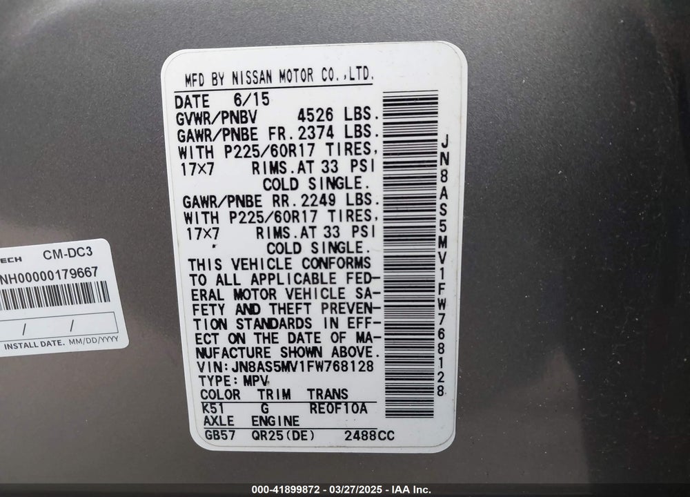 2015 NISSAN ROGUE SELECT S VIN: JN8AS5MV1FW768128