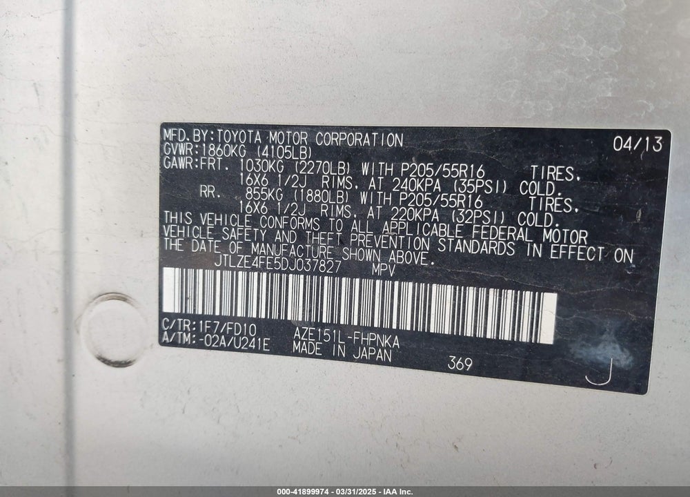 2013 SCION XB VIN: JTLZE4FE5DJ037827
