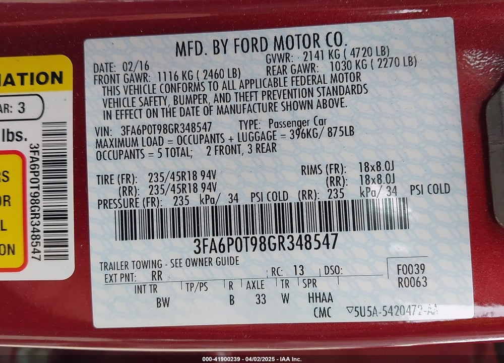 2016 FORD FUSION SE VIN: 3FA6P0T98GR348547