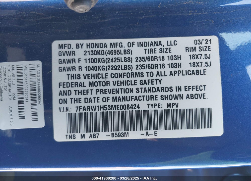 2021 HONDA CR-V 2WD EX VIN: 7FARW1H53ME008424