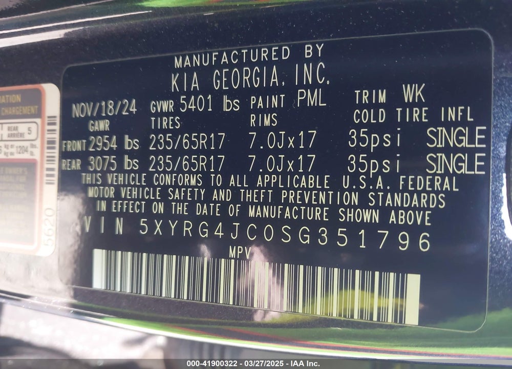 2025 KIA SORENTO VIN: 5XYRG4JC0SG351796