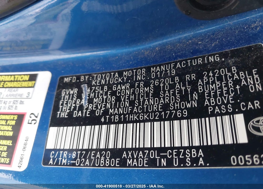 2019 TOYOTA CAMRY SE VIN: 4T1B11HK6KU217769