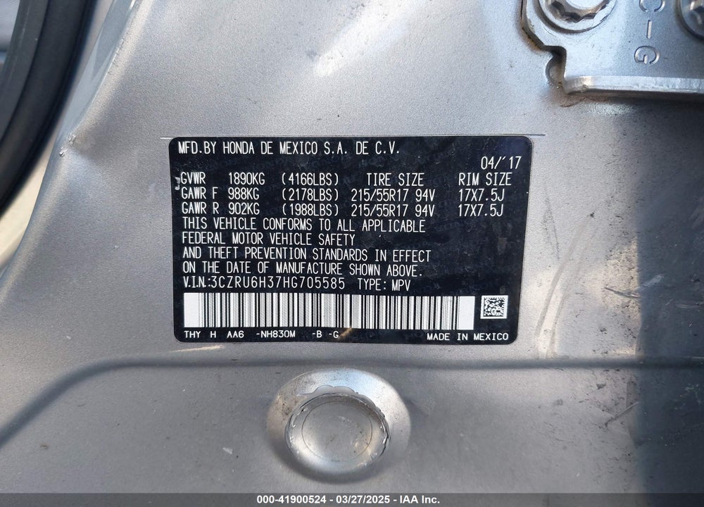 2017 HONDA HR-V VIN: 3CZRU6H37HG705585
