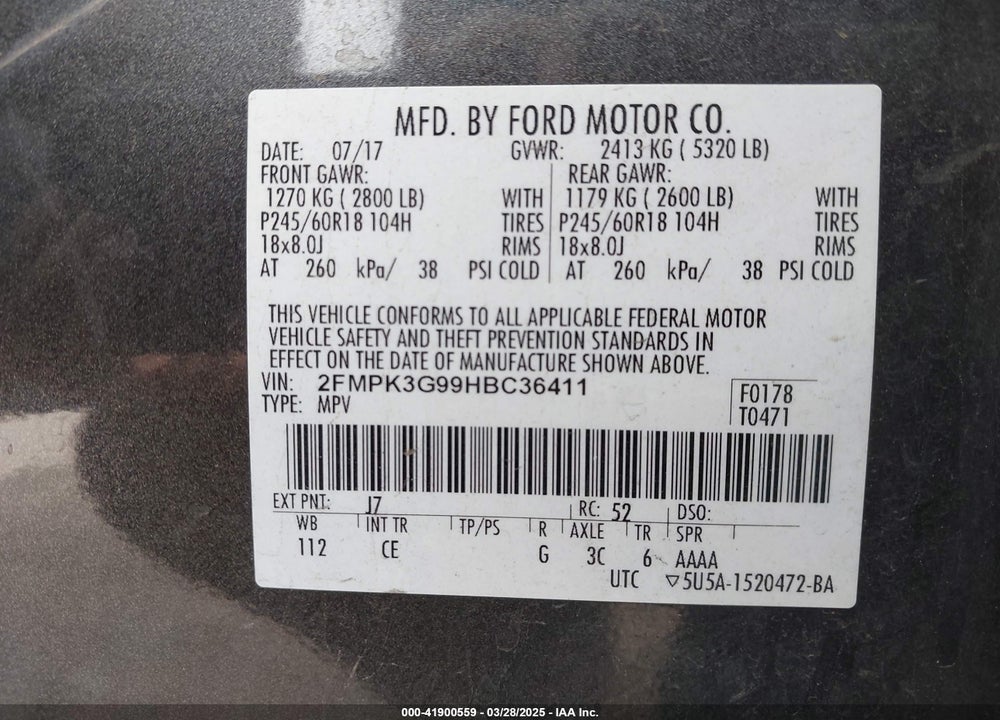 2017 FORD EDGE VIN: 2FMPK3G99HBC36411