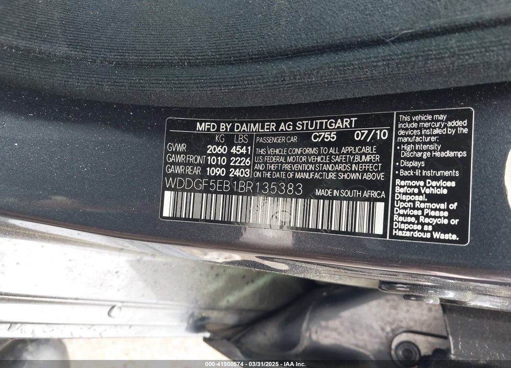 2011 MERCEDES-BENZ C 300 VIN: WDDGF5EB1BR135383