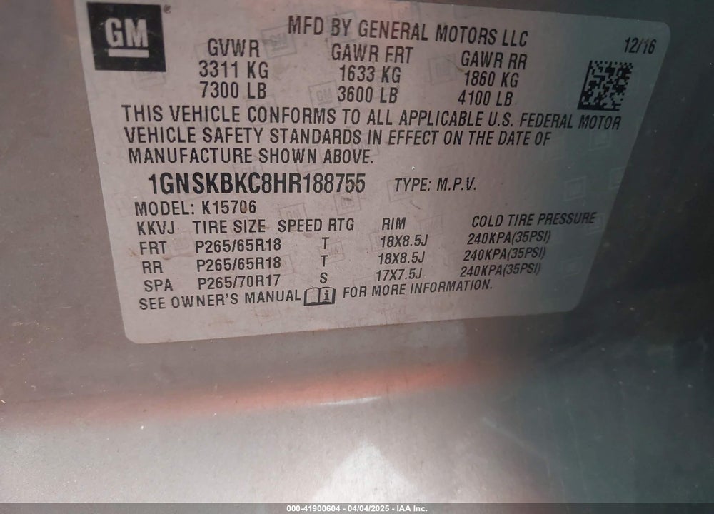2017 CHEVROLET TAHOE LT VIN: 1GNSKBKC8HR188755