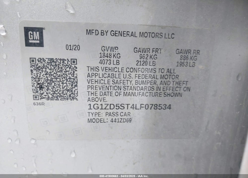 2020 CHEVROLET MALIBU VIN: 1G1ZD5ST4LF078534