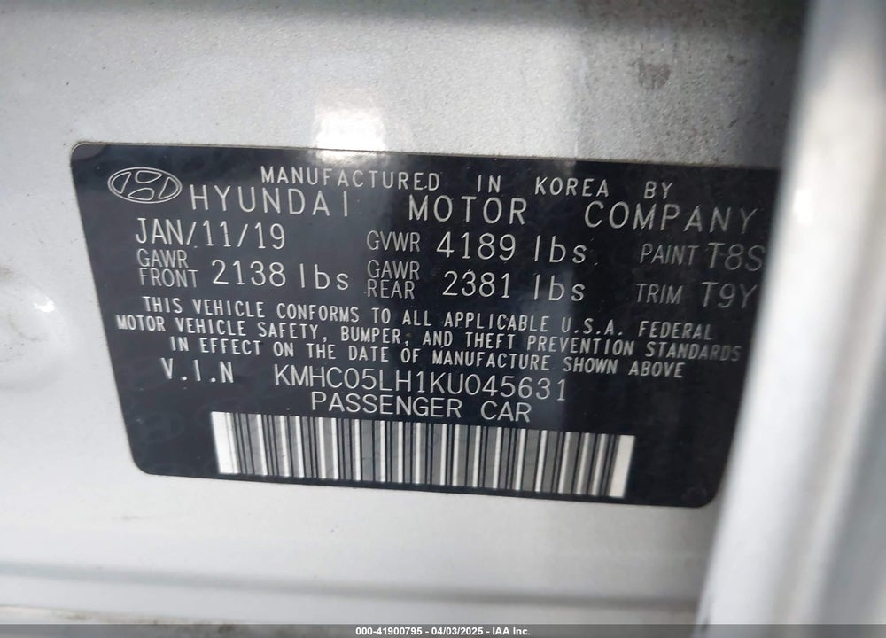 2019 HYUNDAI IONIQ ELECTRIC LIMITED VIN: KMHC05LH1KU045631