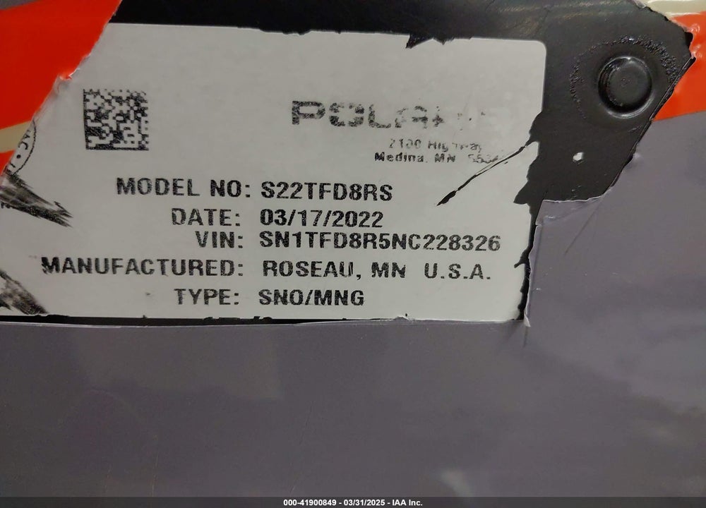 2022 POLARIS OTHER VIN: SN1TFD8R5NC228326