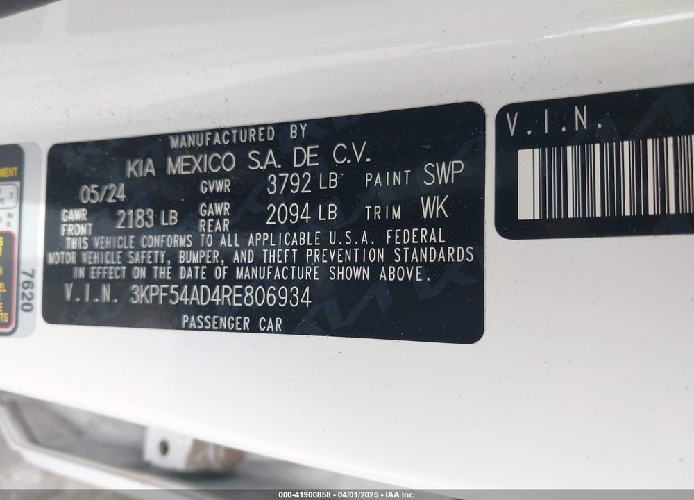 2024 KIA FORTE VIN: 3KPF54AD4RE806934