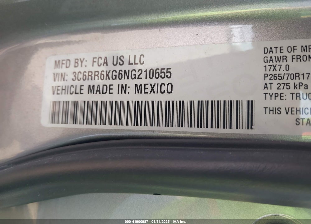 2022 RAM 1500 CLASSIC VIN: 3C6RR6KG6NG210655