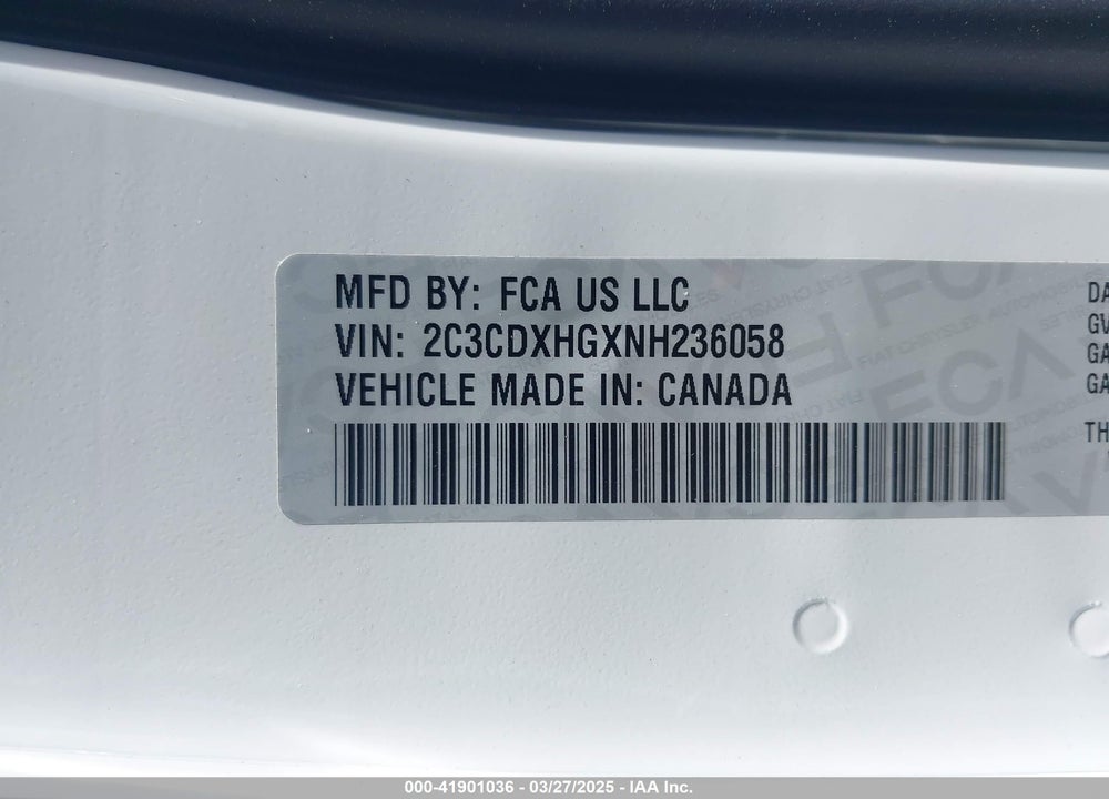 2022 DODGE CHARGER VIN: 2C3CDXHGXNH236058