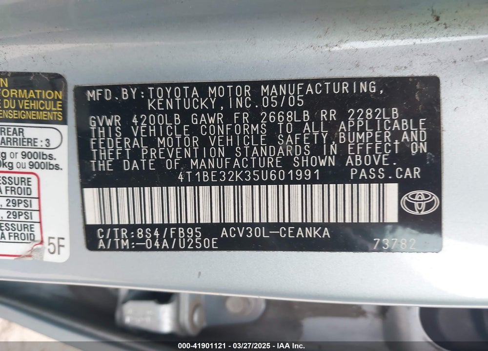 2005 TOYOTA CAMRY VIN: 4T1BE32K35U601991