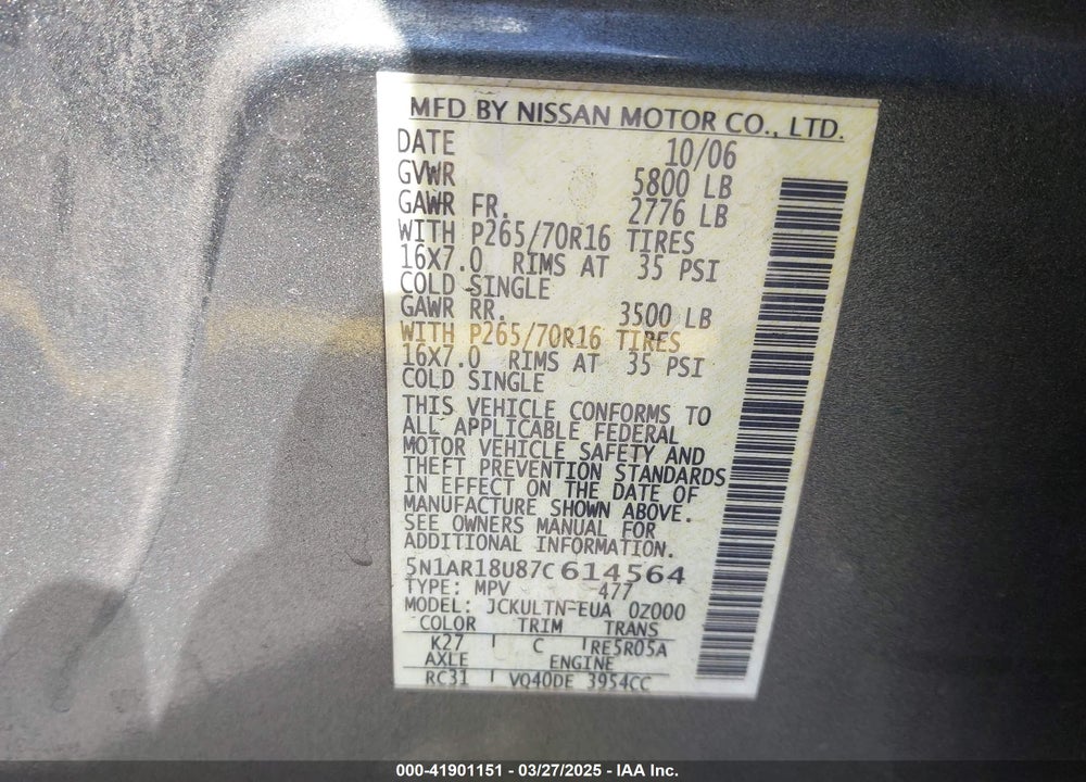 2007 NISSAN PATHFINDER SE VIN: 5N1AR18U87C614564