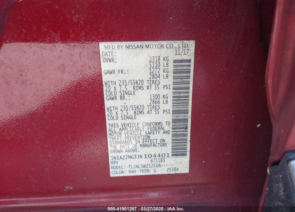 2018 NISSAN MURANO VIN: 5N1AZ2MG3JN104401