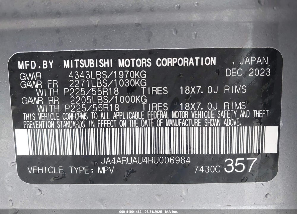 2024 MITSUBISHI OUTLANDER SPORT 2.0 ES AWC VIN: JA4ARUAU4RU006984