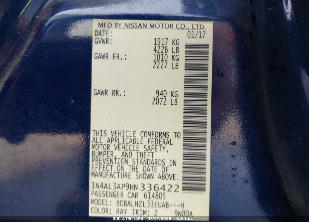 2017 NISSAN ALTIMA VIN: 1N4AL3AP9HN336422