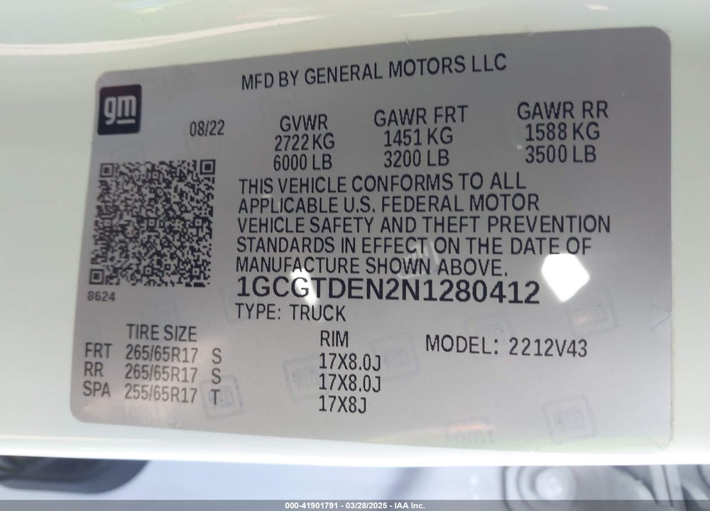 2022 CHEVROLET COLORADO VIN: 1GCGTDEN2N1280412