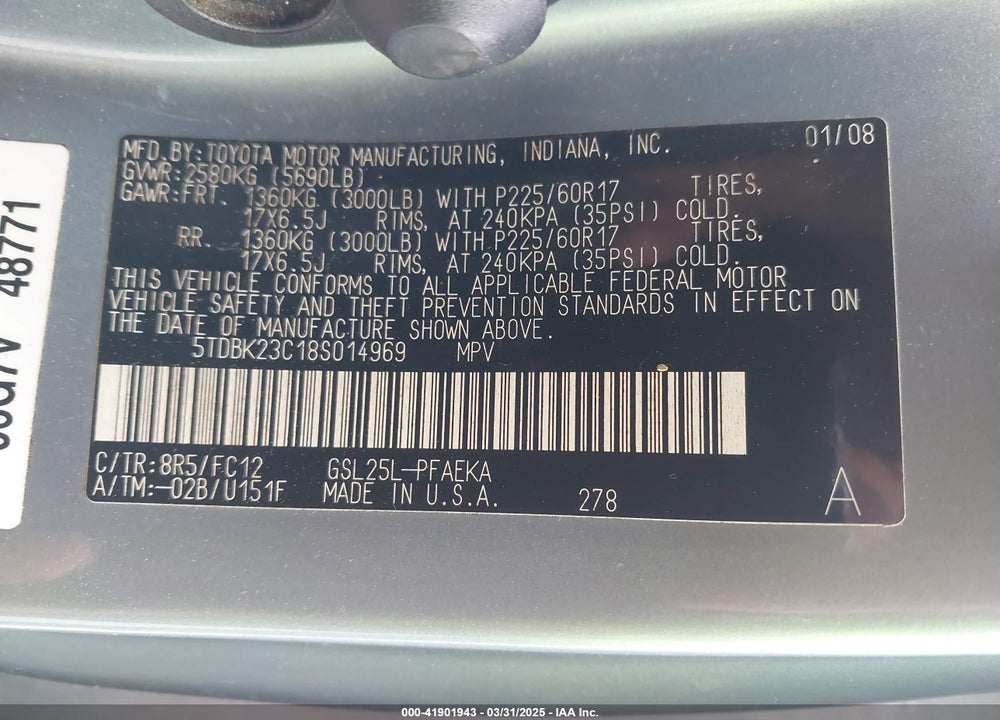 2008 TOYOTA SIENNA LE VIN: 5TDBK23C18S014969