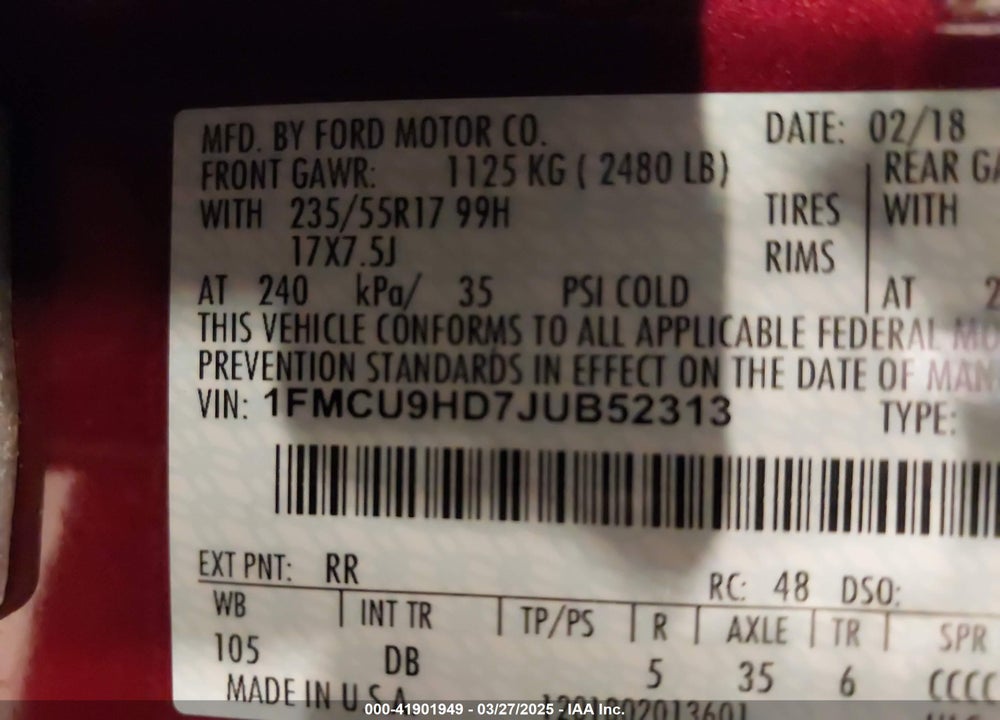2018 FORD ESCAPE VIN: 1FMCU9HD7JUB52313