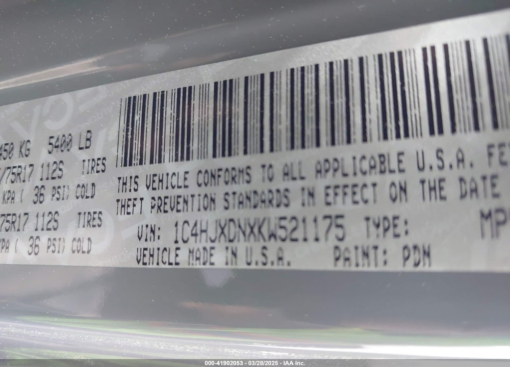 2019 JEEP WRANGLER UNLIMITED VIN: 1C4HJXDNXKW521175