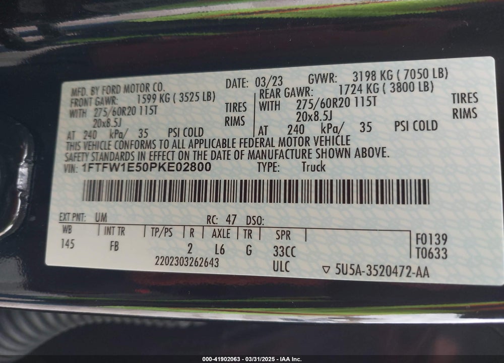 2023 FORD F-150 VIN: 1FTFW1E50PKE02800