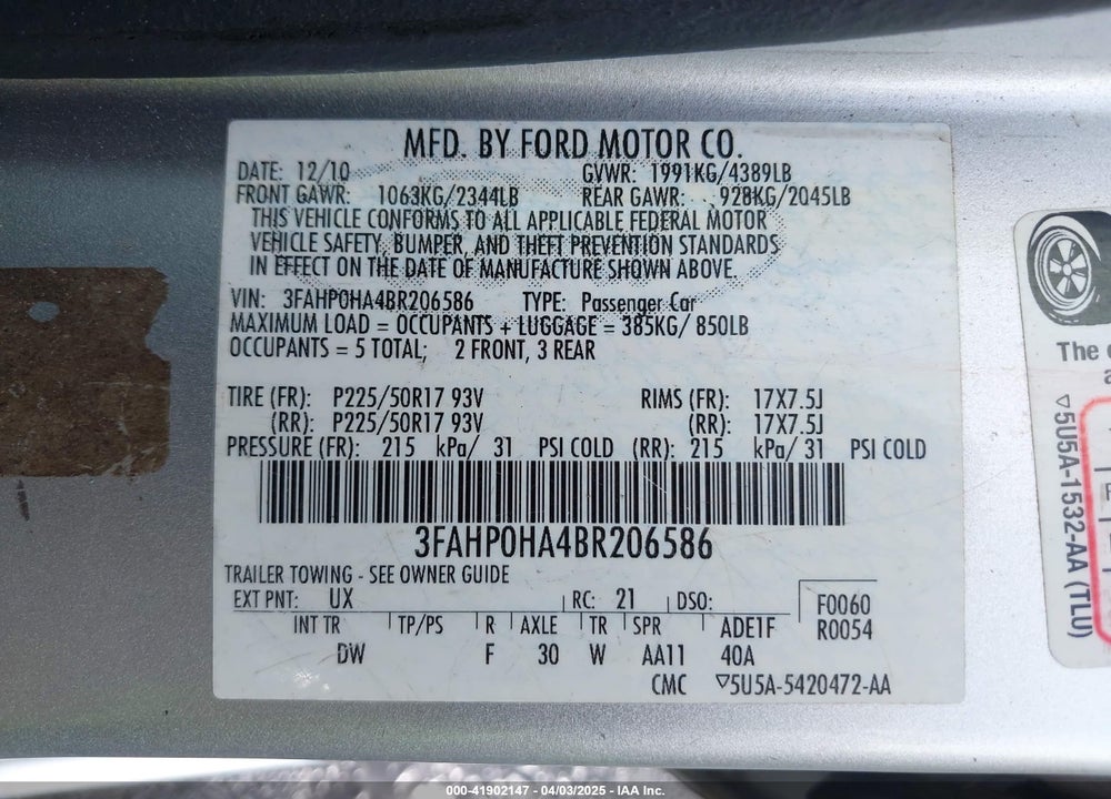 2011 FORD FUSION VIN: 3FAHP0HA4BR206586