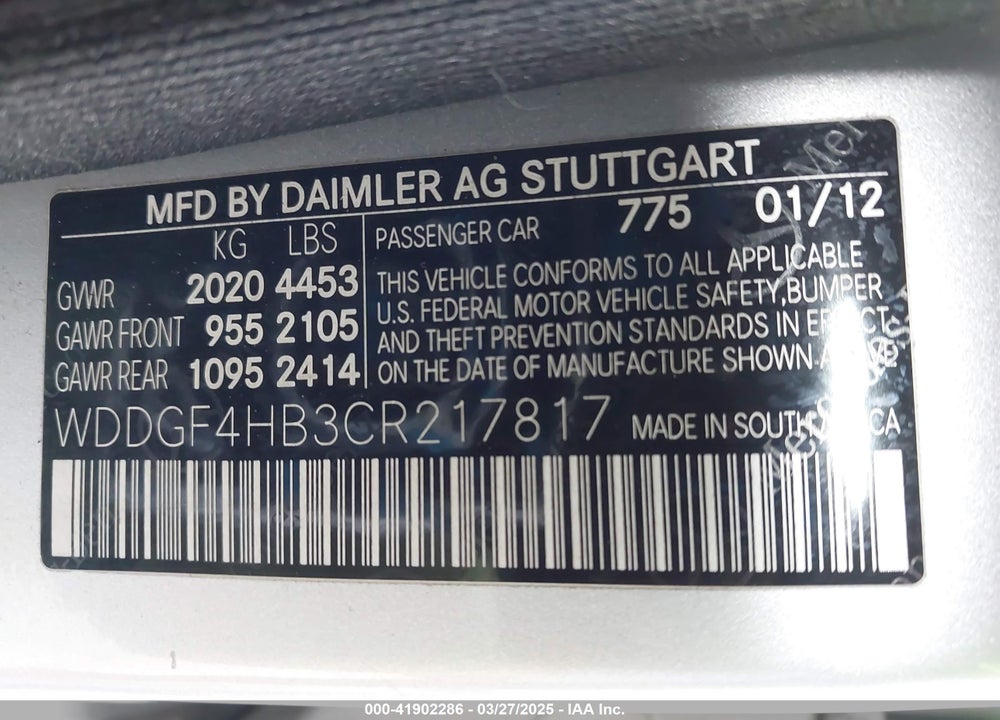 2012 MERCEDES-BENZ C 250 VIN: WDDGF4HB3CR217817