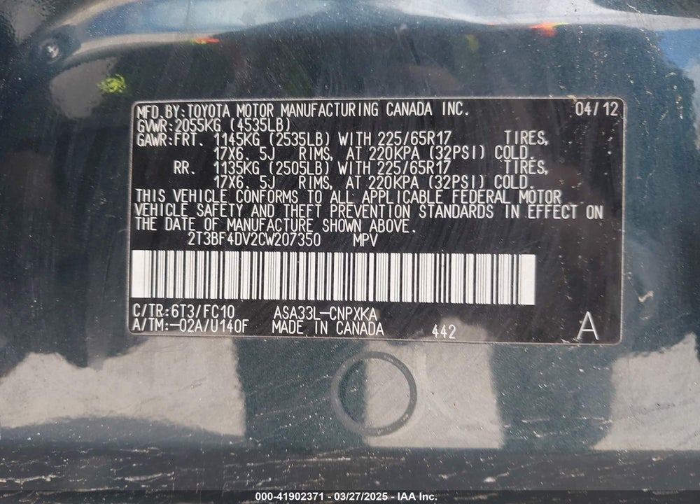 2012 TOYOTA RAV4 VIN: 2T3BF4DV2CW207350