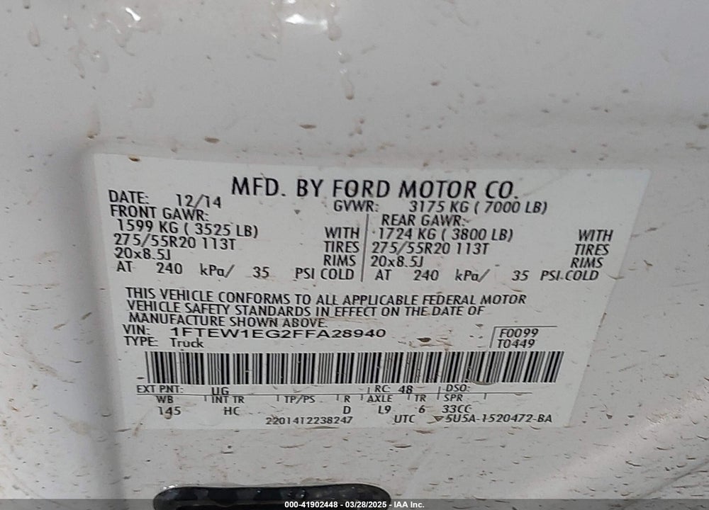 2015 FORD F-150 LARIAT VIN: 1FTEW1EG2FFA28940