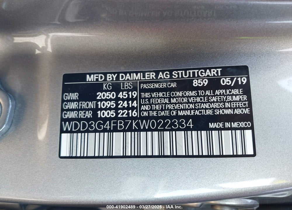 2019 MERCEDES-BENZ A-CLASS VIN: WDD3G4FB7KW022334