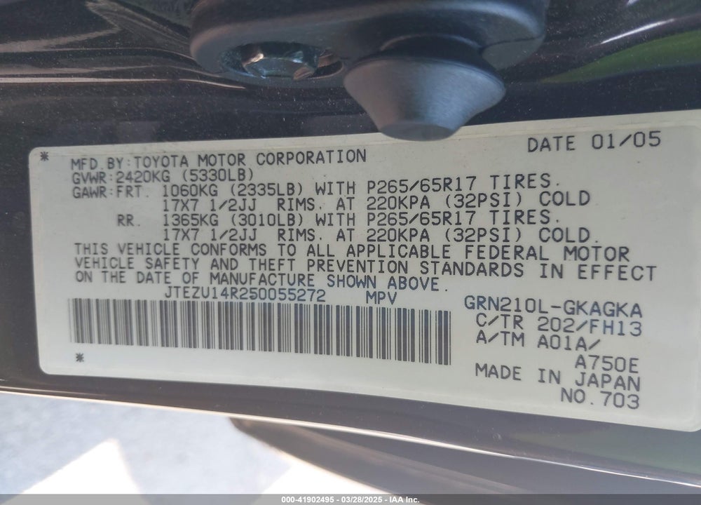 2005 TOYOTA 4RUNNER VIN: JTEZU14R250055272