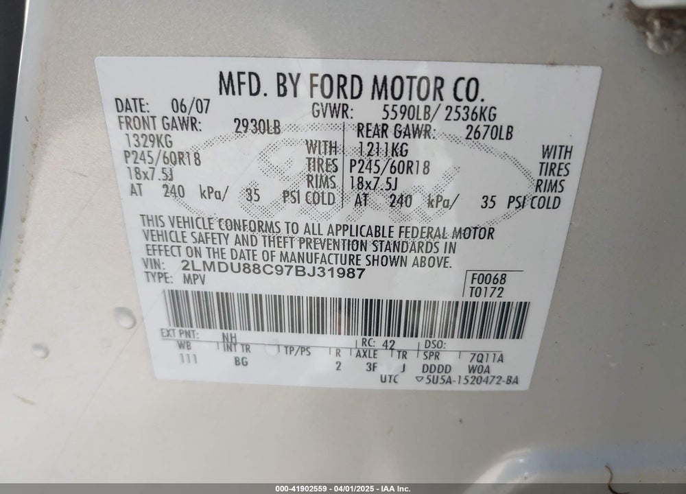 2007 LINCOLN MKX VIN: 2LMDU88C97BJ31987