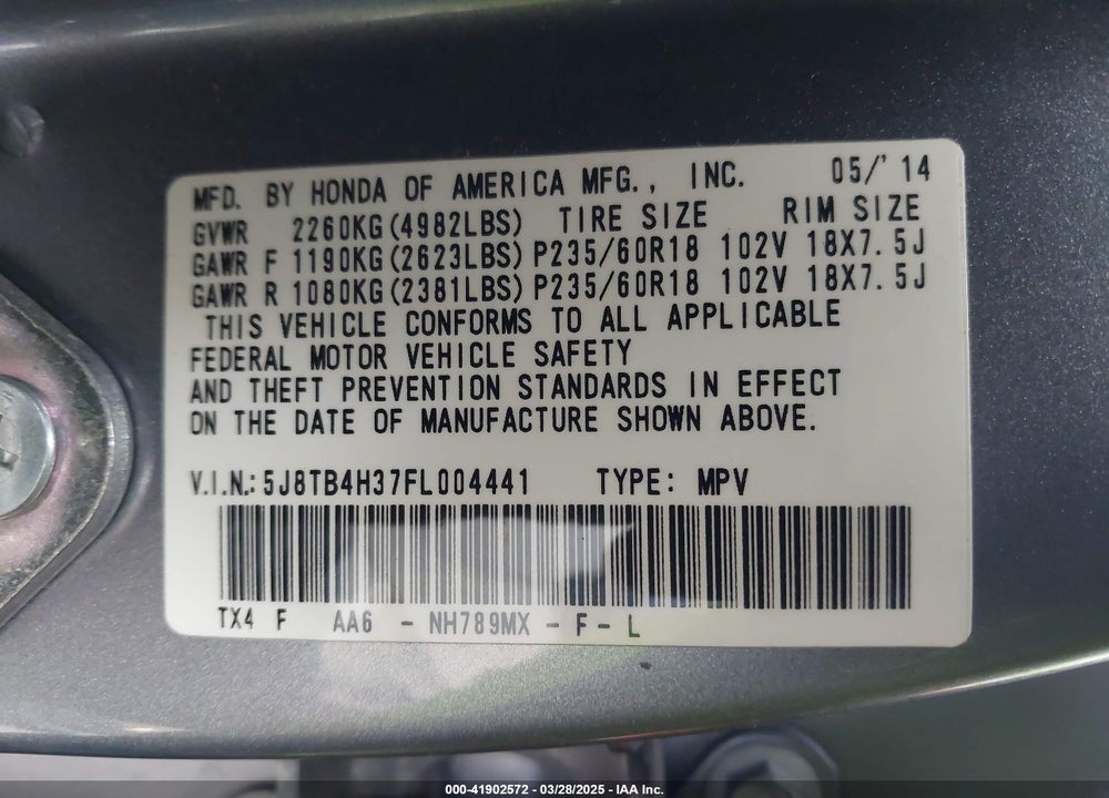 2015 ACURA RDX VIN: 5J8TB4H37FL004441