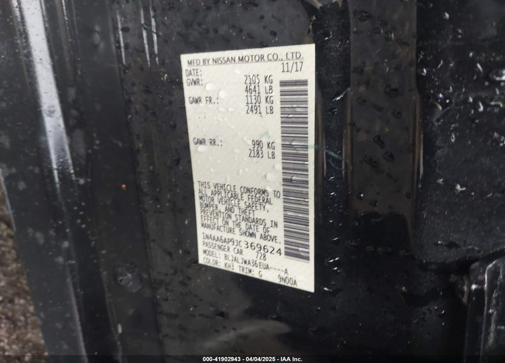 2018 NISSAN MAXIMA VIN: 1N4AA6AP9JC369624