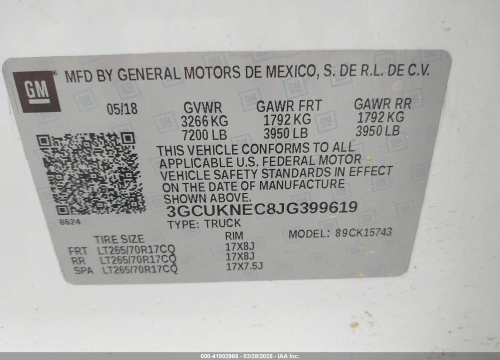 2018 CHEVROLET SILVERADO 1500 VIN: 3GCUKNEC8JG399619