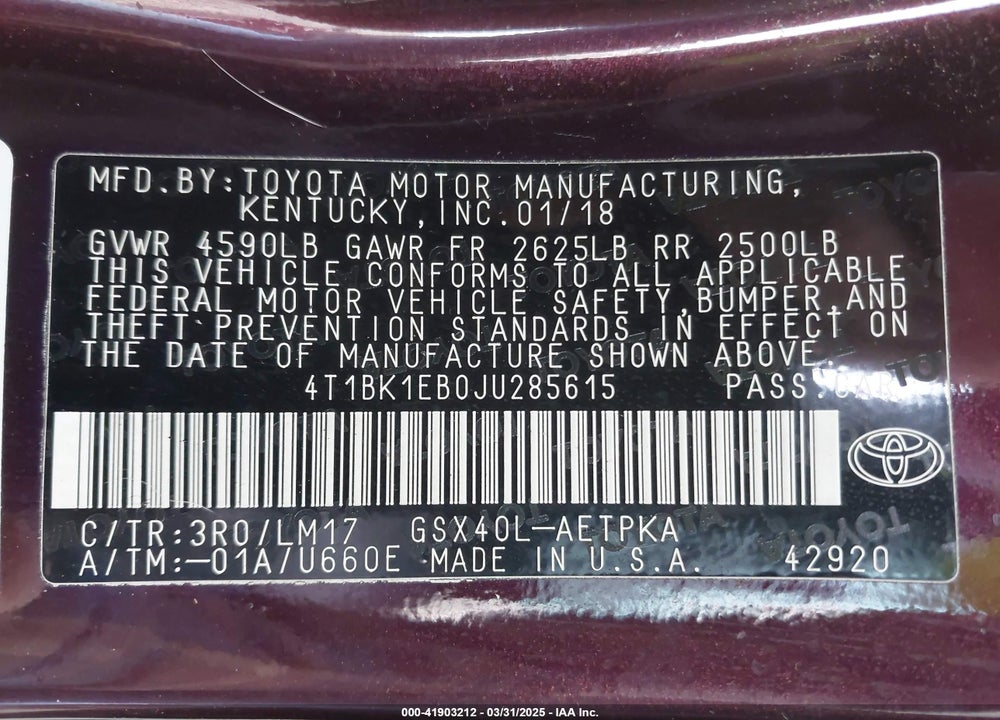 2018 TOYOTA AVALON VIN: 4T1BK1EB0JU285615