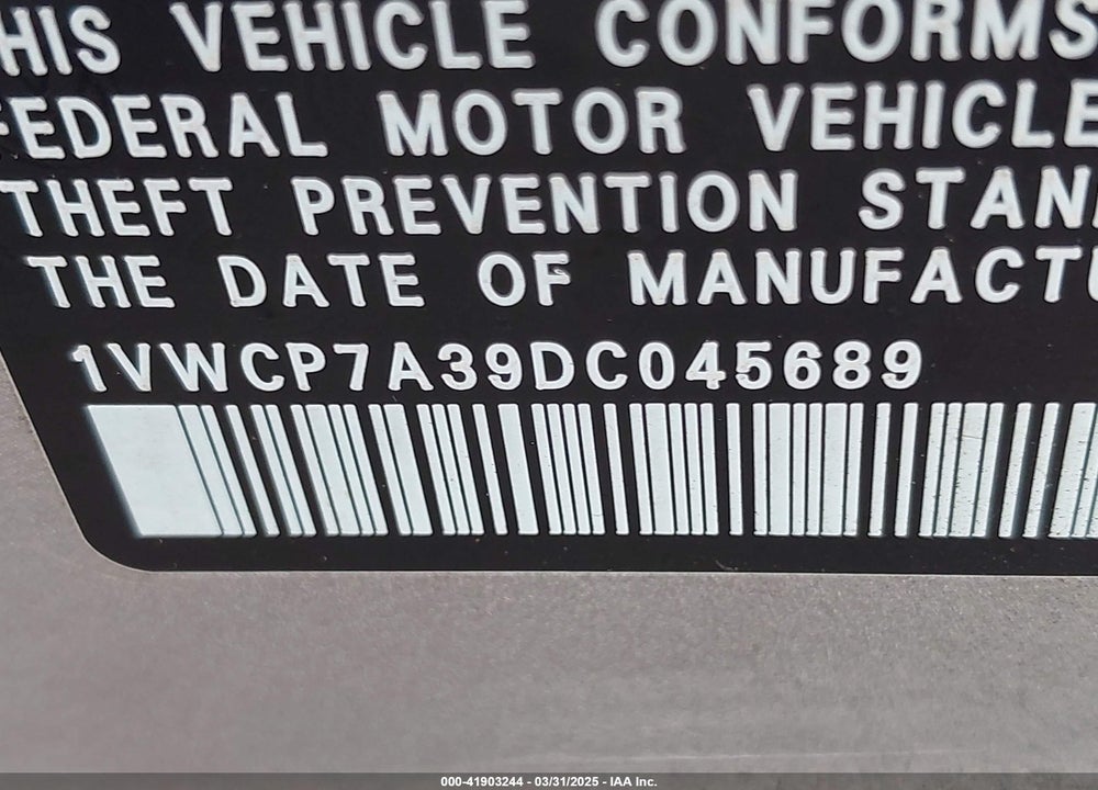 2013 VOLKSWAGEN PASSAT VIN: 1VWCP7A39DC045689