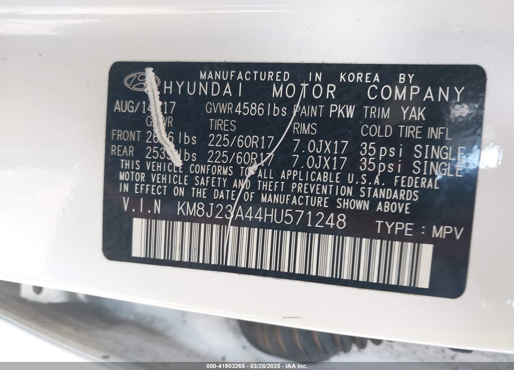 2017 HYUNDAI TUCSON VIN: KM8J23A44HU571248