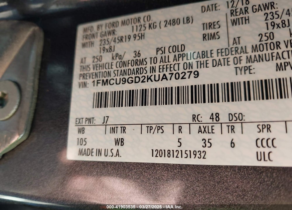 2019 FORD ESCAPE VIN: 1FMCU9GD2KUA70279