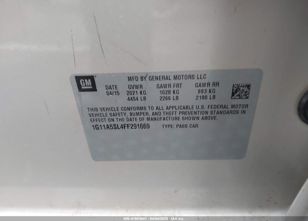 2015 CHEVROLET MALIBU VIN: 1G11A5SL4FF291669