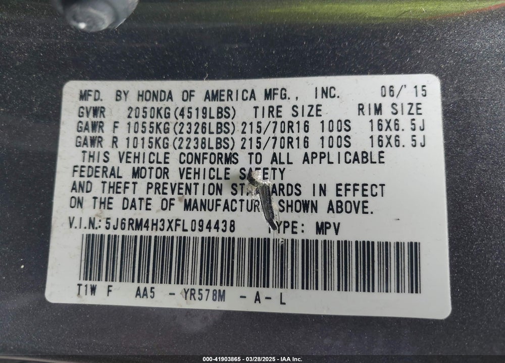 2015 HONDA CR-V LX VIN: 5J6RM4H3XFL094438