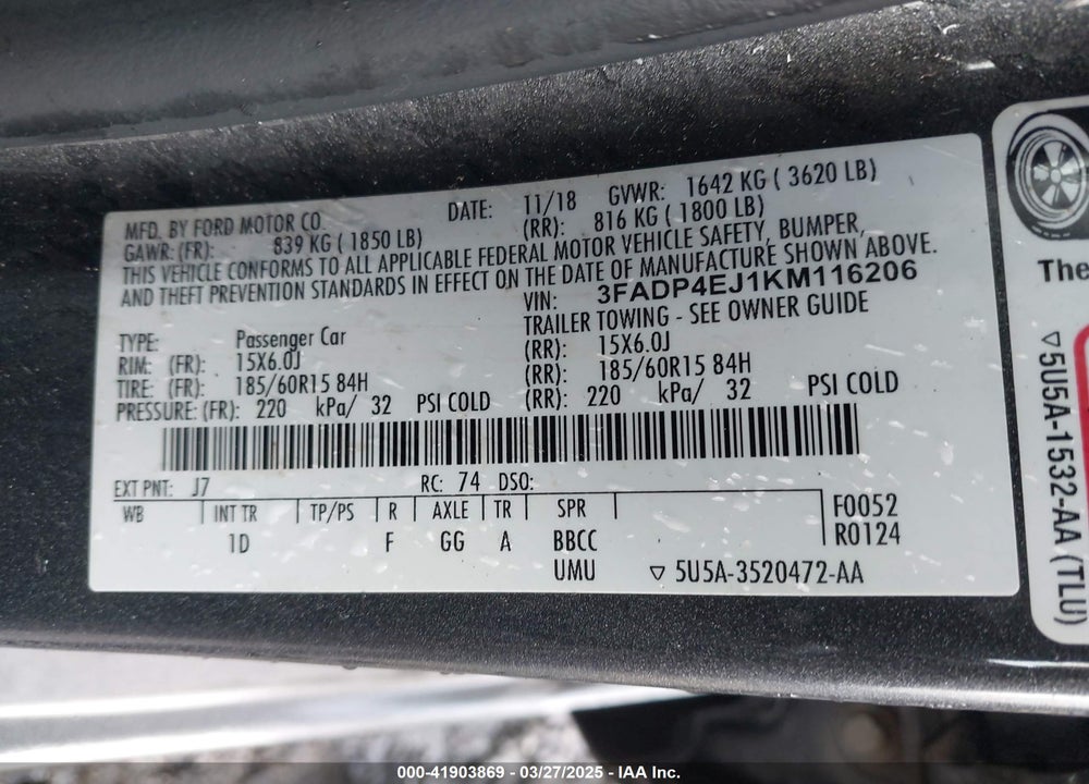 2019 FORD FIESTA VIN: 3FADP4EJ1KM116206