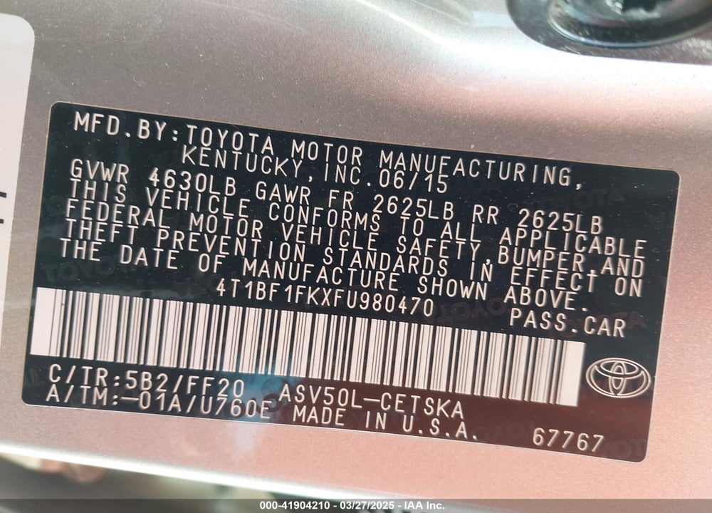 2015 TOYOTA CAMRY VIN: 4T1BF1FKXFU980470